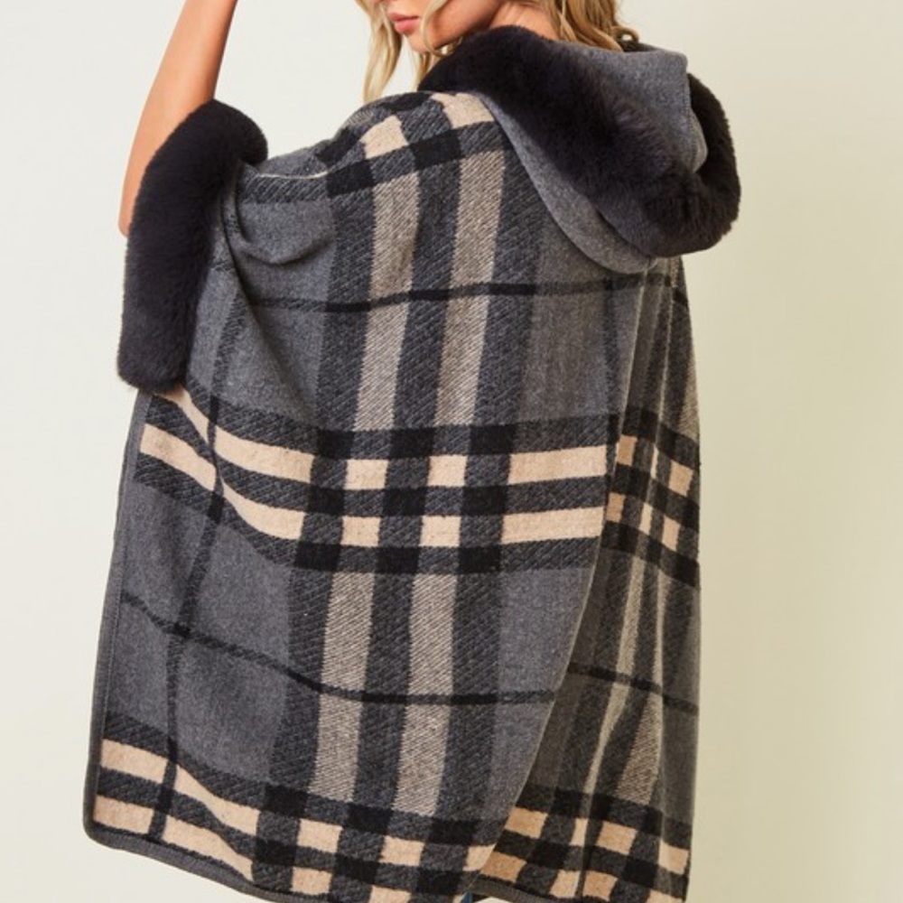 #47 Boho Fabulous Plaid Fur Trim Hooded Oversized Cozy Jacket Poncho - Picture 11 of 11